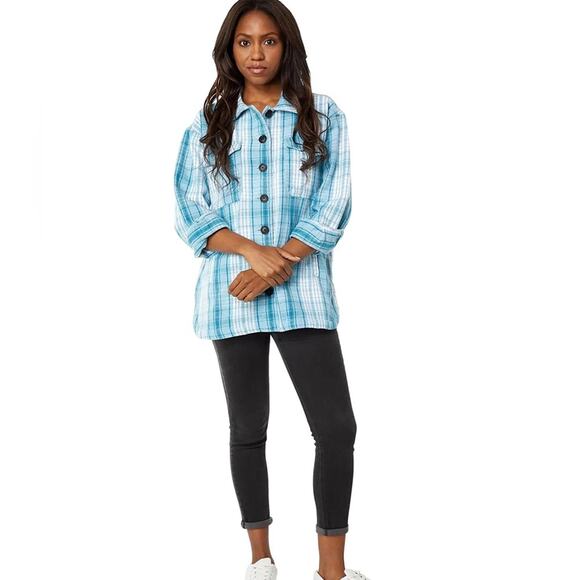 NWT Lucky Brand Shacket Blue/White Button Up Oversized Pockets Womens XL - Picture 5 of 5